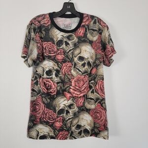 Fresh Laundry Large Skull & Rose Print Unisex Short Sleeve Tee M Gothic